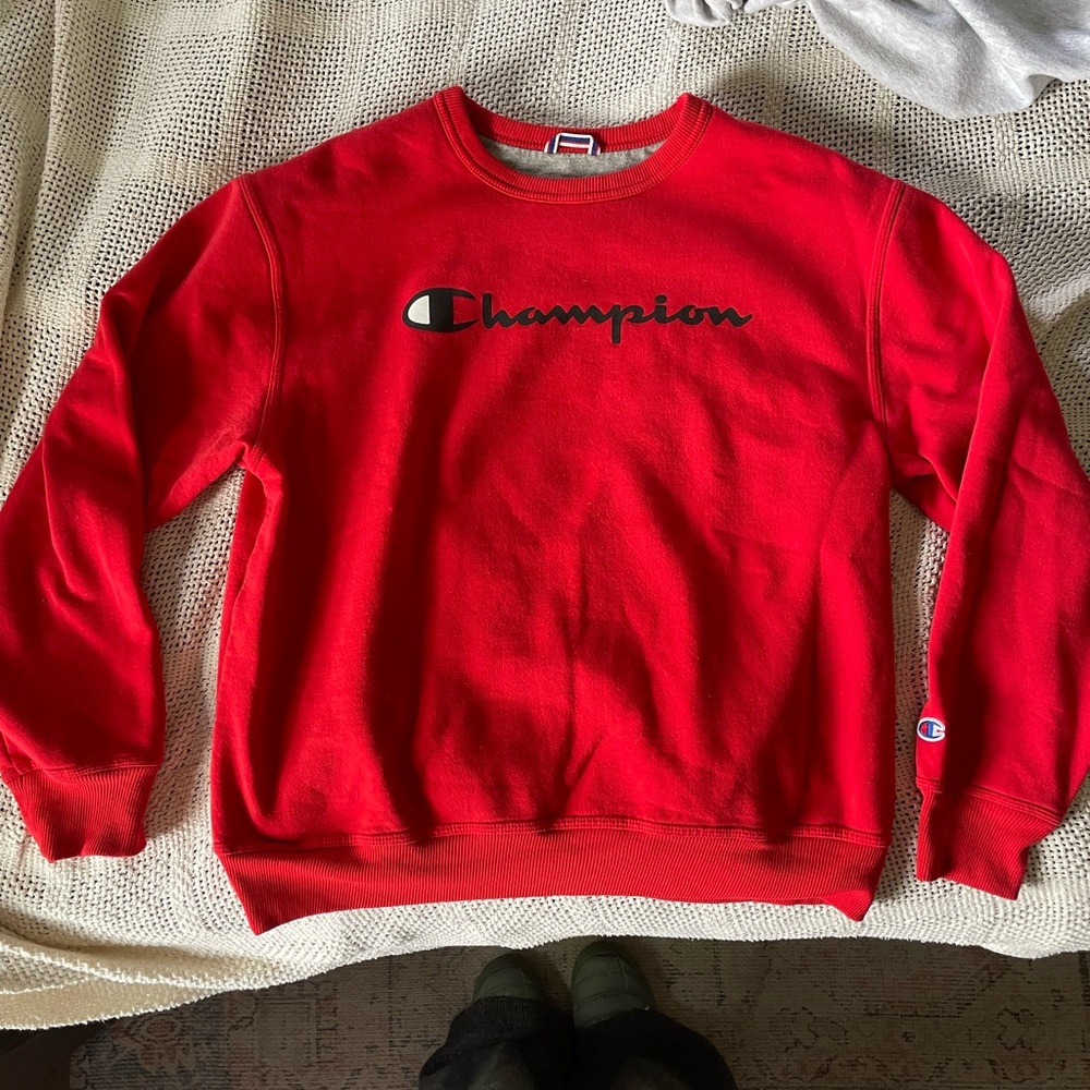 Champion Red Crewneck Sweatshirt Big Logo Athleticwear Size L